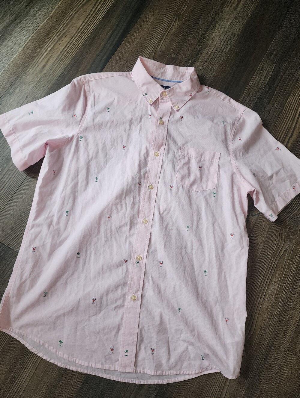 Men's Chaps Short Sleeve Button Down Shirt Large Pink Martinis Palm Trees Casual